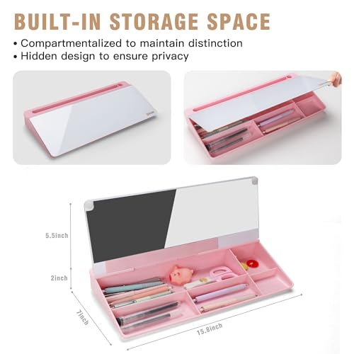 SELEAD Desktop Glass Whiteboard with Organizer & Built-in Mirror - Small Dry Erase White Board Computer Pad Keyboard Stand with Markers, Eraser, Holder for Women - Pink - Image 5