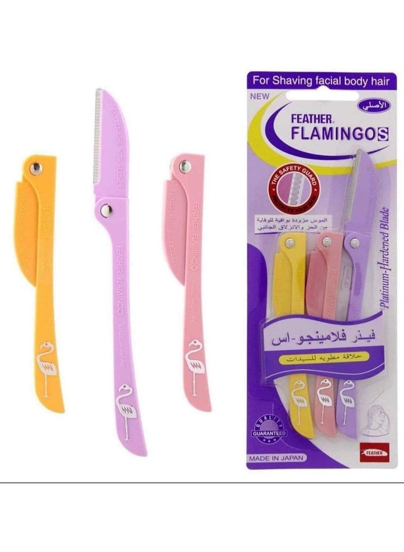 Feather Pack of 3 Flamingos Ladies Razor for Facial and Body Hair Yellow/Pink/Purple - Image 2