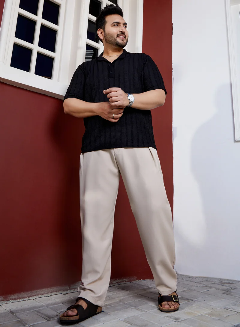 Instafab Plus Instafab Plus Men's Saltbox Beige Straight Pleated Trousers For Casual Wear | Mid-Rise | Straight Fit | Button Closure | Plus Size Trousers Crafted With Comfort Fit For Everyday Wear