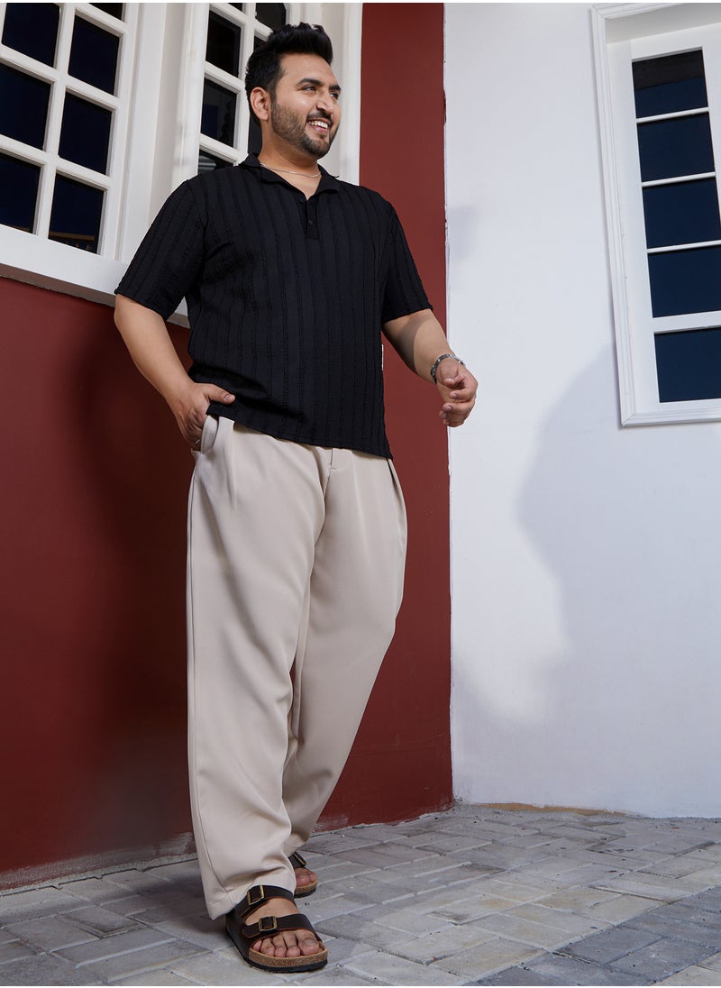 Instafab Plus Instafab Plus Men's Saltbox Beige Straight Pleated Trousers For Casual Wear | Mid-Rise | Straight Fit | Button Closure | Plus Size Trousers Crafted With Comfort Fit For Everyday Wear  - Image 5