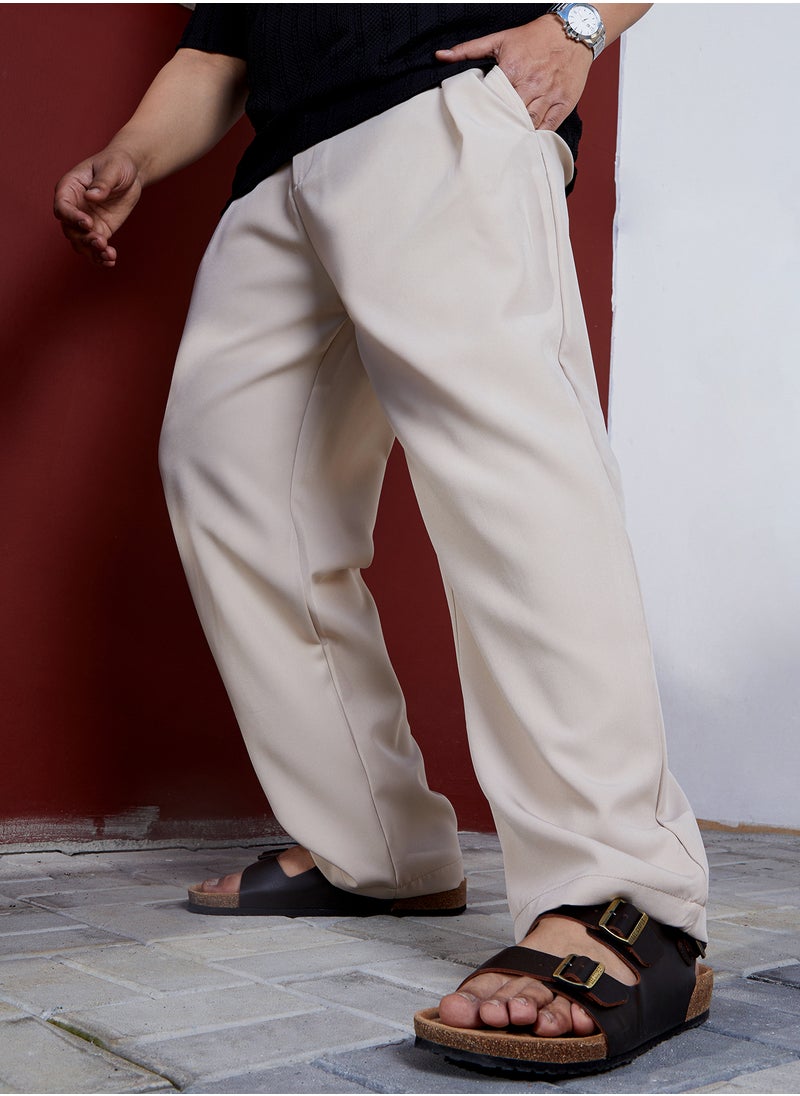 Instafab Plus Instafab Plus Men's Saltbox Beige Straight Pleated Trousers For Casual Wear | Mid-Rise | Straight Fit | Button Closure | Plus Size Trousers Crafted With Comfort Fit For Everyday Wear  - Image 1