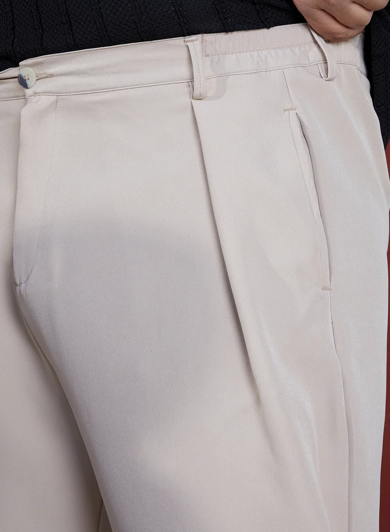 Instafab Plus Instafab Plus Men's Saltbox Beige Straight Pleated Trousers For Casual Wear | Mid-Rise | Straight Fit | Button Closure | Plus Size Trousers Crafted With Comfort Fit For Everyday Wear