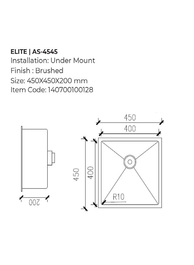 DANUBE HOME Milano Elite Ss Kitchen Sink Single Bowl Size 450X450X200 As-4545 Brushed | Stainless Steel Single Bowl | Wash Basin Lavatory Kitchen Sinks For Kitchen Restaurants - Brushed - Image 3