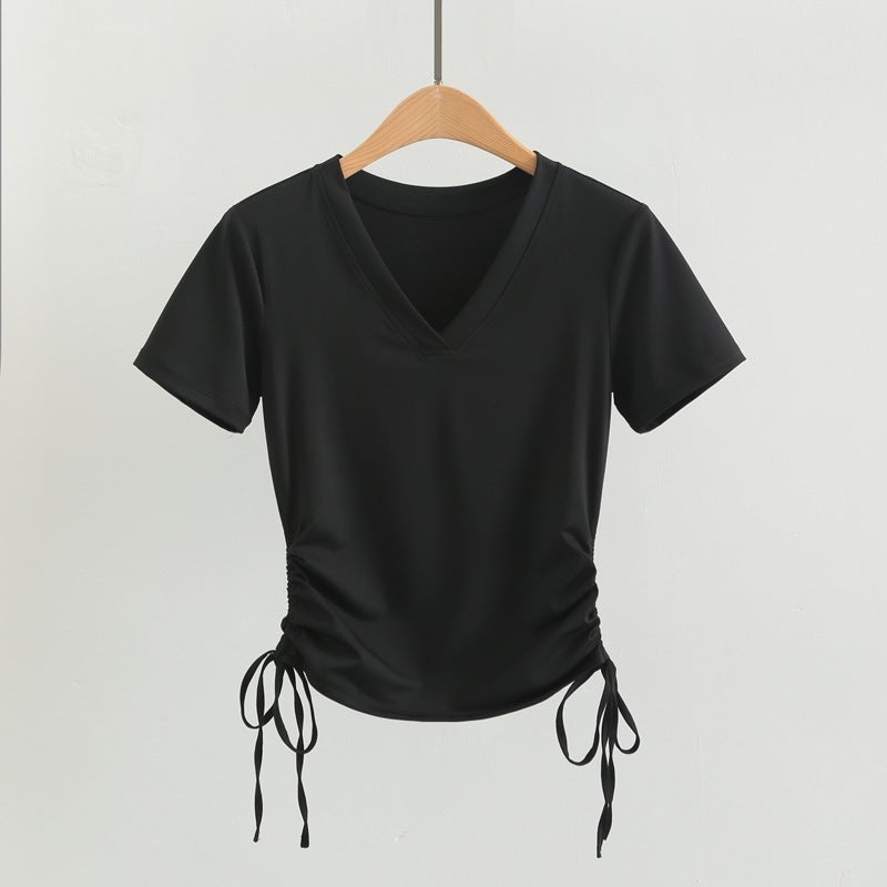 Generic Yoga Clothing Womens Summer Sports Top Slim-fit T-shirt V-neck Pleated Waist Short-sleeved Pilates Training Fitness Clothing Black