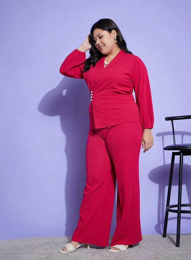 SASSAFRAS Faux Pearl Button Closure Top & Pintuck Wide Leg Pant Co-Ords by Styli