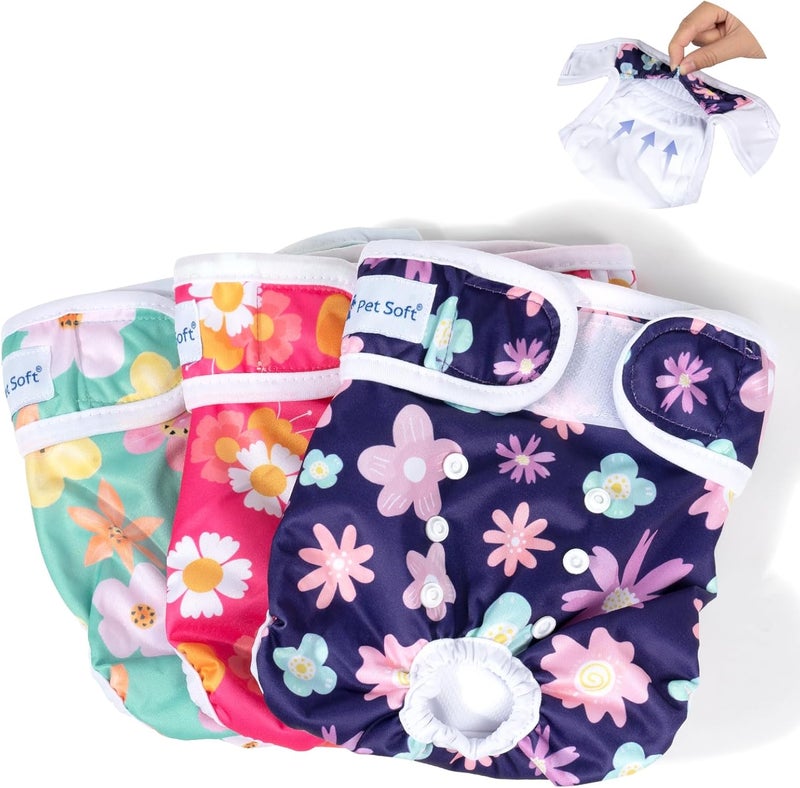 Pet Soft Dog Diapers Female Washable - Pack of 3 Doggie Diapers for Female Dogs, Strong Absorbent Reusable Dog Period Diapers, Female Dog Diapers for Heat & Pet Incontinence Peeing (Bloom, XS) - Image 1