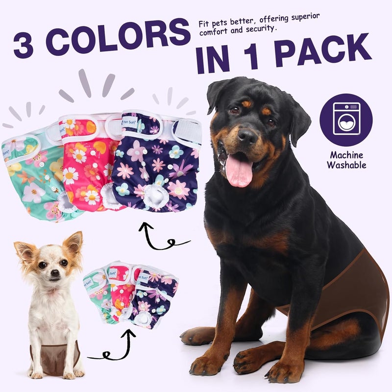 Pet Soft Dog Diapers Female Washable - Pack of 3 Doggie Diapers for Female Dogs, Strong Absorbent Reusable Dog Period Diapers, Female Dog Diapers for Heat & Pet Incontinence Peeing (Bloom, XS) - Image 2