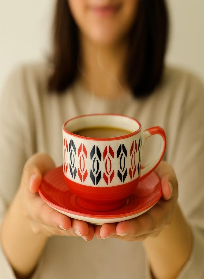 KITTENS Handcrafted Red Ceramic Tea Cup & Saucer Set - 160ml - Set of 6 - Microwave & Dishwasher Safe - Food-Grade, Lead & BPA-Free - Ideal for Daily Use & Elegant Gifting - Image 3