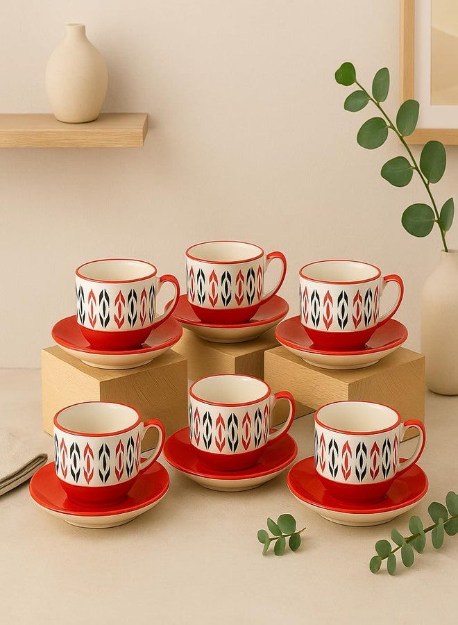 KITTENS Handcrafted Red Ceramic Tea Cup & Saucer Set - 160ml - Set of 6 - Microwave & Dishwasher Safe - Food-Grade, Lead & BPA-Free - Ideal for Daily Use & Elegant Gifting - Image 1