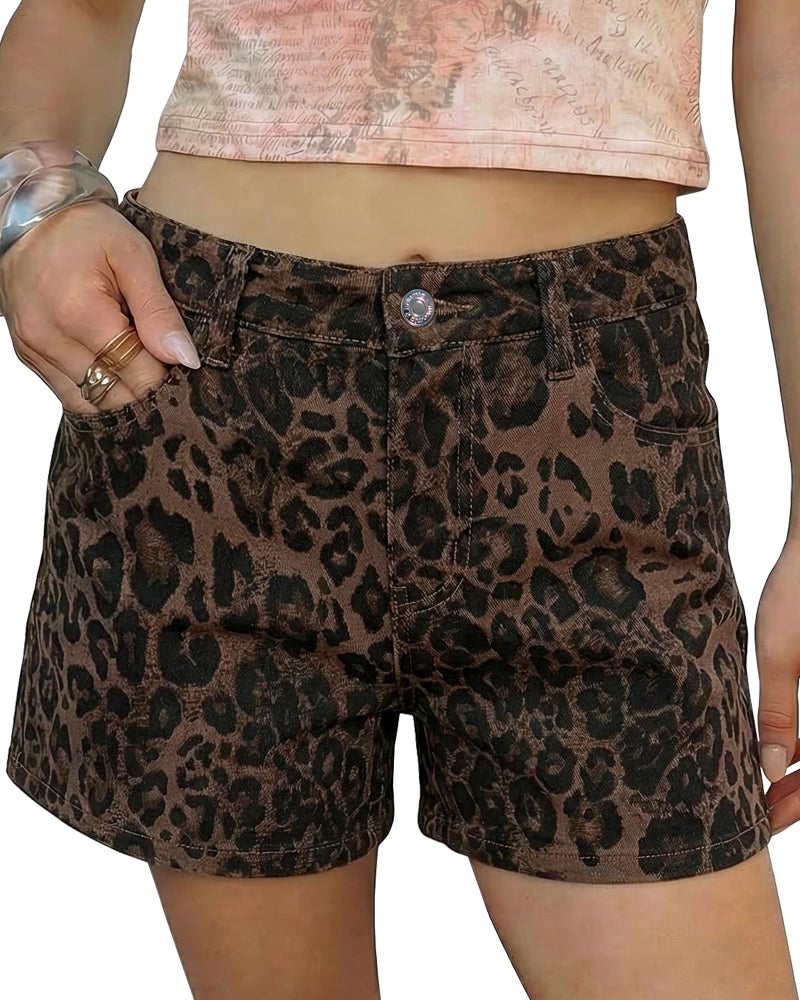luvamia Jean Shorts for Women High Waisted Cheetah Shorts High Waisted Stretchy Denim Leopard Animal Print Jorts Women Brown Leopard Size Large Fits US 12-14 - Image 1