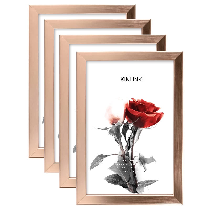 KINLINK إطارات صور Kinlink 4x6 ، إطارات صور ذهبية مع زجاج شبكي لأعلى طاولة وجدار إطارات مصورة الخشب المركب للشاشة الأفقية أو الرأسية - مجموعة من 4 - Image 1