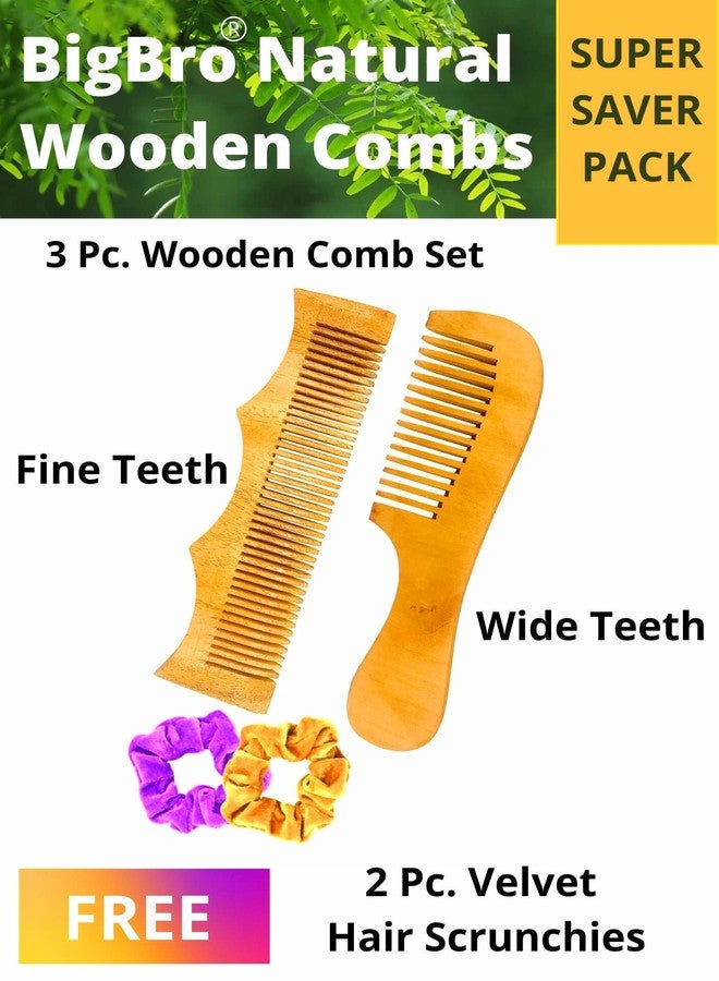 BigBro Pure Natural Wooden Comb 2pc Wide Teeth for Women and Men | Organic Antibacterial Hair Dandruff Remover Styling Comb| Handcrafted (Super Saver Pack of 2 Combs + 2 Velvet Hair Scrunchies) - Image 3