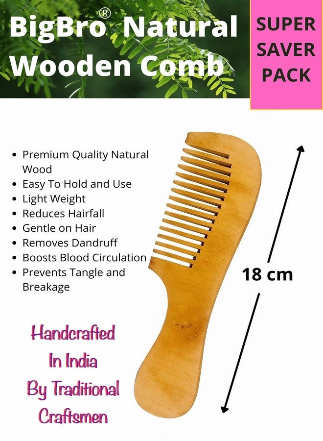 BigBro Pure Natural Wooden Comb 2pc Wide Teeth for Women and Men | Organic Antibacterial Hair Dandruff Remover Styling Comb| Handcrafted (Super Saver Pack of 2 Combs + 2 Velvet Hair Scrunchies) - Image 4