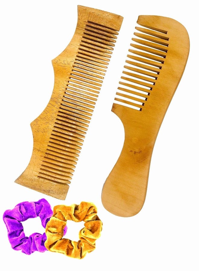 BigBro Pure Natural Wooden Comb 2pc Wide Teeth for Women and Men | Organic Antibacterial Hair Dandruff Remover Styling Comb| Handcrafted (Super Saver Pack of 2 Combs + 2 Velvet Hair Scrunchies) - Image 2