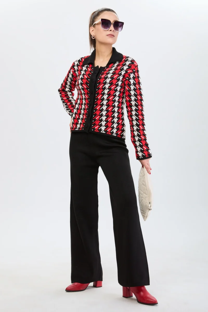 Tofisa 24203-BLACK Houndstooth Patterned Knitwear Cardigan Trousers Set