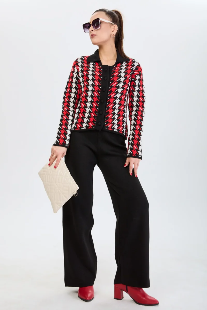 Tofisa 24203-BLACK Houndstooth Patterned Knitwear Cardigan Trousers Set
