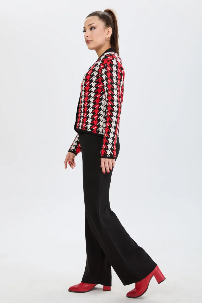 Tofisa 24203-BLACK Houndstooth Patterned Knitwear Cardigan Trousers Set