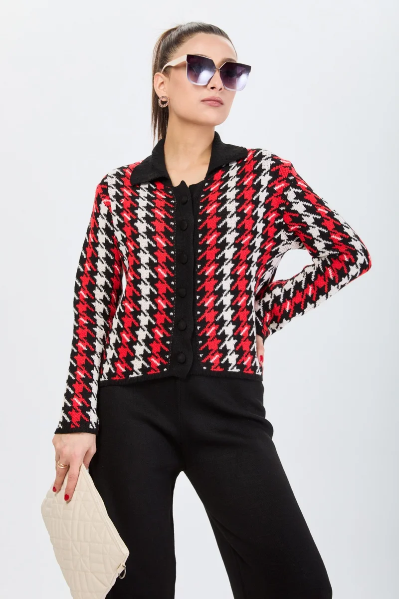 Tofisa 24203-BLACK Houndstooth Patterned Knitwear Cardigan Trousers Set