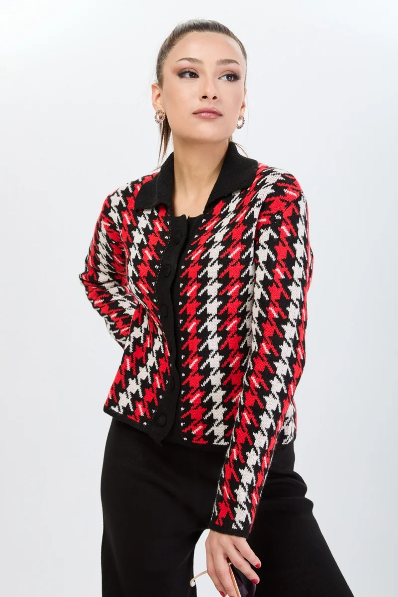 Tofisa 24203-BLACK Houndstooth Patterned Knitwear Cardigan Trousers Set