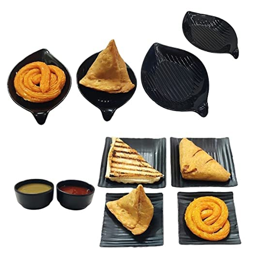 DECOR VIBES 8 Small Platters for one Person with 2 Dip Bowl Serving Platter for French Fries, Momos, Paneer Tikka, Snacks Platter/Tray (Matt Black, Combo Pack of 10) - Image 1