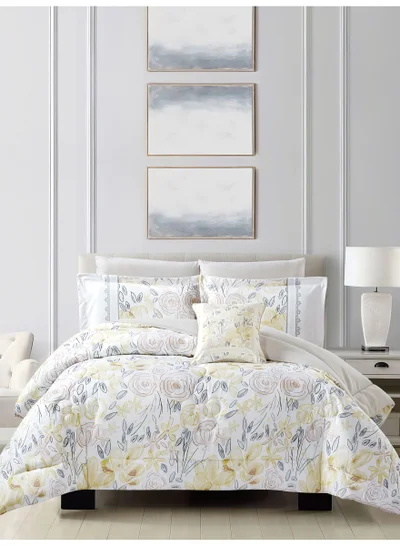 Donetella Bedding Comforter Set, King Size Fits 200x200 cm - 7-Pcs Digital Print Quilted Bed Set, Microfiber Fabric - 1 Comforter, 1 Fitted Sheet, 2 Pillow Shams, 2 Pillowcases 1 Cushion Cover.