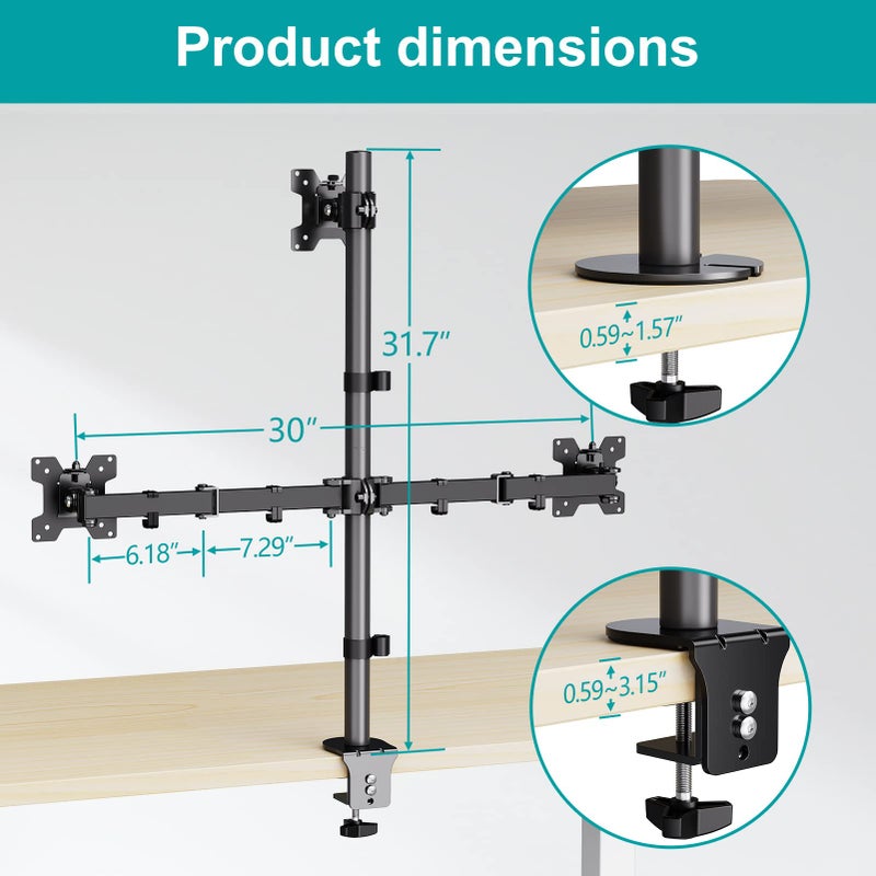 MOUNT PRO Triple Monitor Mount, Monitor Desk Mount for 3 Screens up to 32 inch, 17.6 lbs Each, Fully Adjustable Stacked Computer Stand, Table VESA Mounting, C clamp/Grommet Base - Image 3
