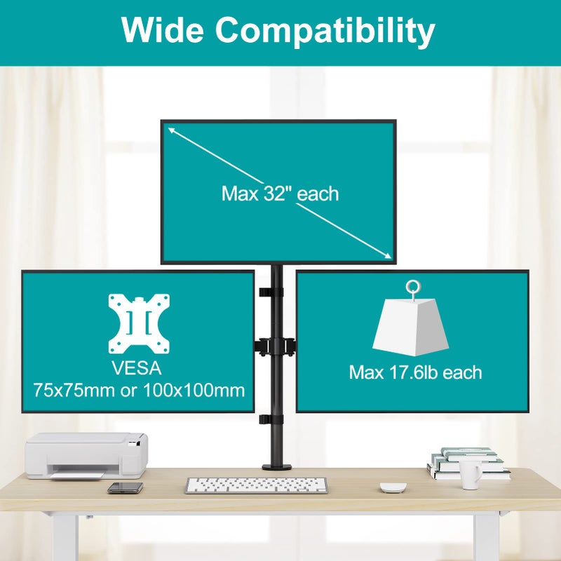 MOUNT PRO Triple Monitor Mount, Monitor Desk Mount for 3 Screens up to 32 inch, 17.6 lbs Each, Fully Adjustable Stacked Computer Stand, Table VESA Mounting, C clamp/Grommet Base - Image 2