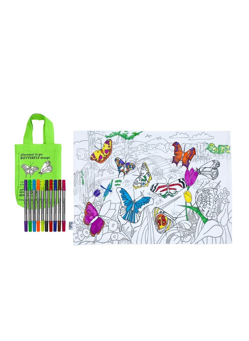eatsleepdoodle Coloring Placemat to Go Butterfly – Washable & Reusable, with 10 Markers, Educational & Portable Fun for Kids  - Image 1
