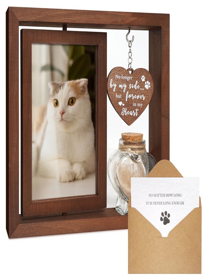 HAMUIERS Cat Memorial Gifts for Loss of Cat - Rotating Wooden Frame for 4x6 Photo & Fur Hair Jar - Sympathy Gift for Pet Bereavement, Remembrance Keepsake - Rainbow Bridge Gift for Cat Lovers - Image 1