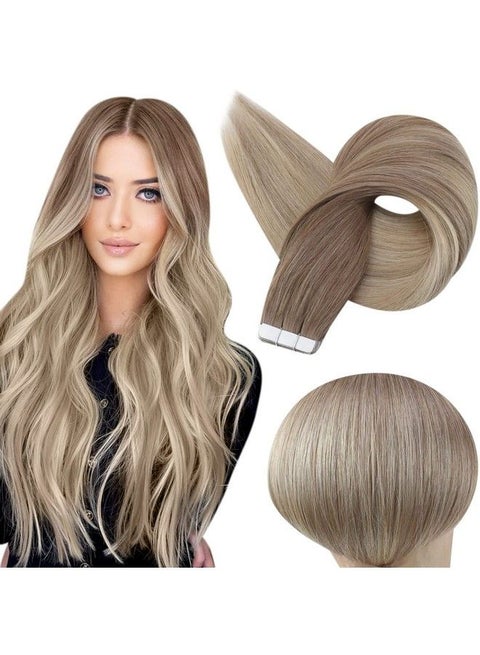 Tape In Hair Extensions Human Hair 12 Inch Double Sided Tape Hair Balayage 8 Ash Brown To 18 Ash Blonde And 60 Platinum Blonde Tape In Real Hair Extensions Straight Hair 30 Gram 20Pcs