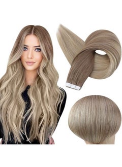 Full Shine Tape In Hair Extensions Human Hair 12 Inch Double Sided Tape Hair Balayage 8 Ash Brown To 18 Ash Blonde And 60 Platinum Blonde Tape In Real Hair Extensions Straight Hair 30 Gram 20Pcs  - Image 2