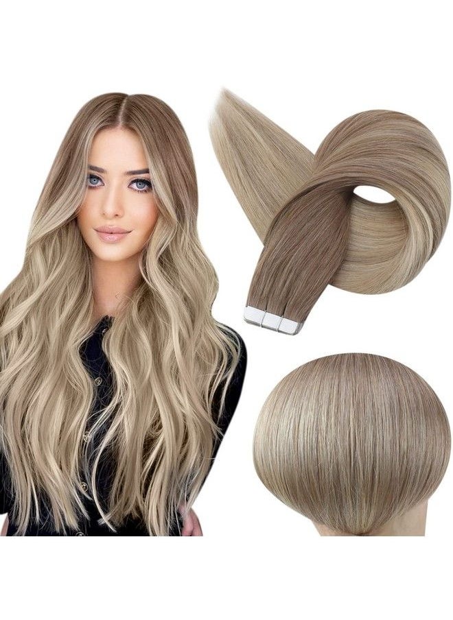 Full Shine Tape In Hair Extensions Human Hair 12 Inch Double Sided Tape Hair Balayage 8 Ash Brown To 18 Ash Blonde And 60 Platinum Blonde Tape In Real Hair Extensions Straight Hair 30 Gram 20Pcs  - Image 2