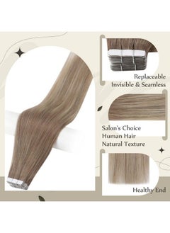 Full Shine Tape In Hair Extensions Human Hair 12 Inch Double Sided Tape Hair Balayage 8 Ash Brown To 18 Ash Blonde And 60 Platinum Blonde Tape In Real Hair Extensions Straight Hair 30 Gram 20Pcs  - Image 3
