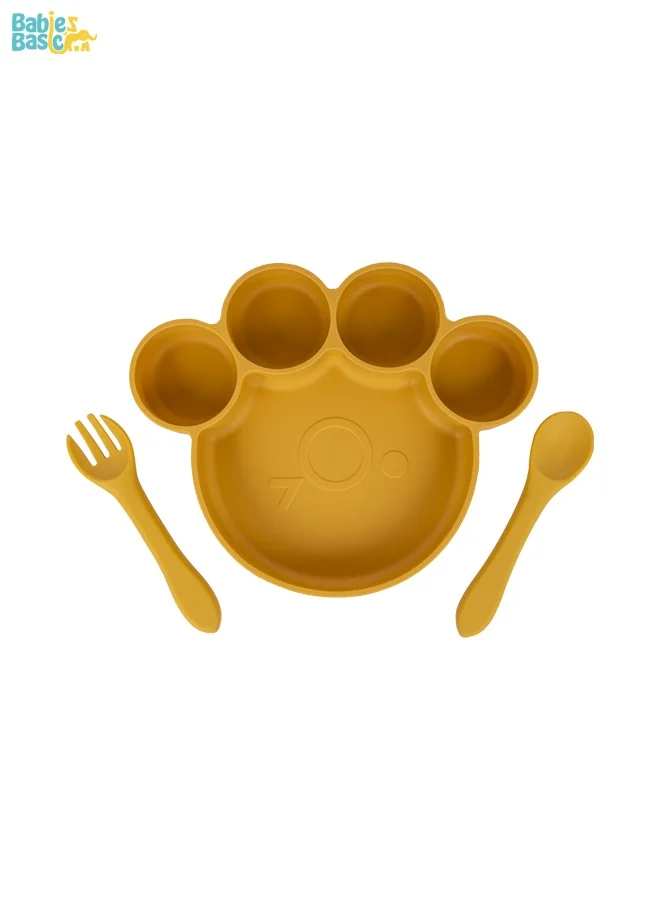 Babies Basic Feeding Set, 3 Piece, Silicone Set For Self Feeding, Learning & Fine Motor Skills Soft, Easy To Grip,Silicone Suction Plate With Silicone Spoon And Fork- Yellow