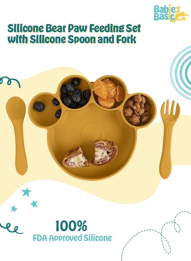 Babies Basic Feeding Set, 3 Piece, Silicone Set For Self Feeding, Learning & Fine Motor Skills Soft, Easy To Grip,Silicone Suction Plate With Silicone Spoon And Fork- Yellow