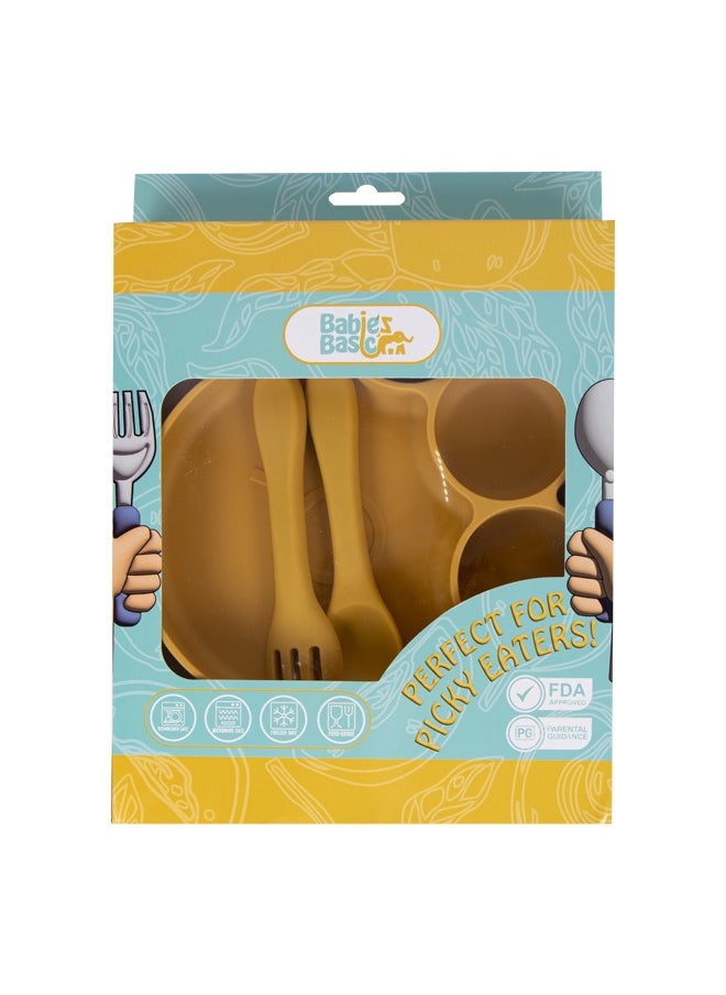 Babies Basic Feeding Set, 3 Piece, Silicone Set For Self Feeding, Learning & Fine Motor Skills Soft, Easy To Grip,Silicone Suction Plate With Silicone Spoon And Fork- Yellow  - Image 5