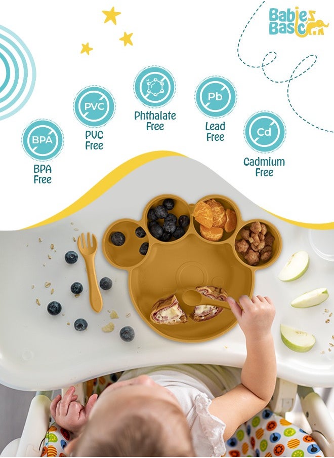 Babies Basic Feeding Set, 3 Piece, Silicone Set For Self Feeding, Learning & Fine Motor Skills Soft, Easy To Grip,Silicone Suction Plate With Silicone Spoon And Fork- Yellow  - Image 3