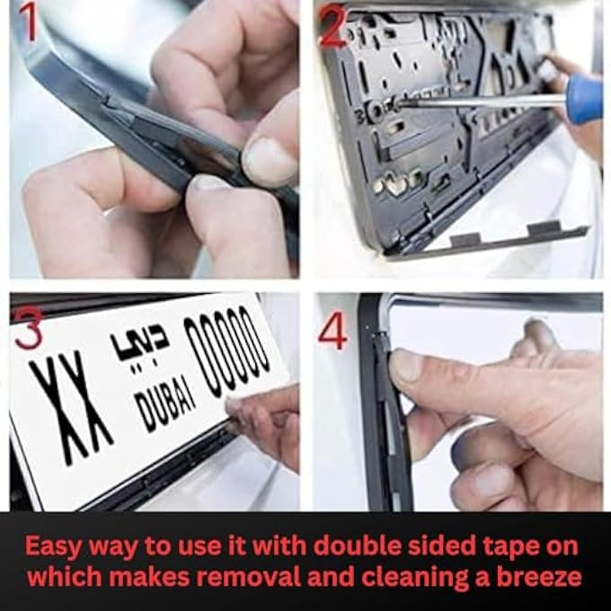 ريحني لوحة سيارة رياضية صغيرة فاخرة فاخرة، حامل لوحة سيارة رياضية فاخرة، غطاء إطار الترخيص قطعة سوداء لجميع لوحات الإمارات، مقاسات 31X10 سم - Image 5