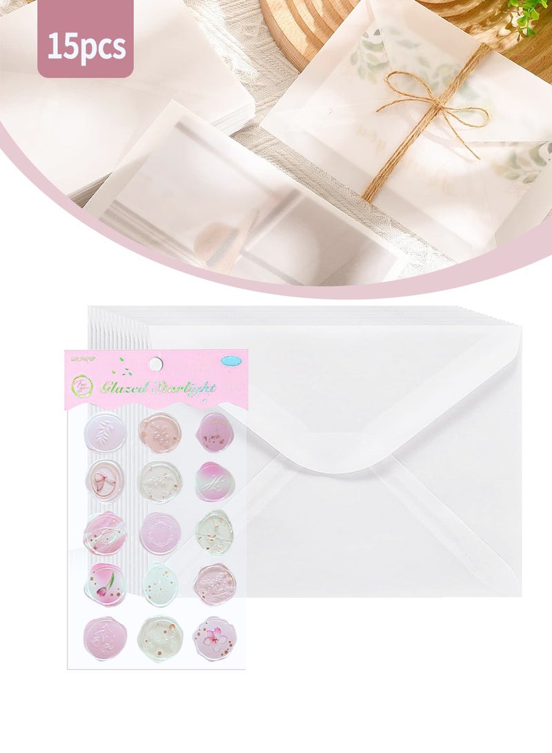 بيروي مغلفات، 15 قطعة ورق شفافة مغلفات و 15 قطعة ملصقات ستابورد، مغلفات 125 ملم × 1850 ملم، مغلفات بطاقات الدعوة البريدية، مغلفات بطاقات المعاينة الخاصة بحفلة عيد ميلاد الزفاف - Image 1