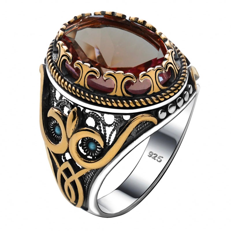 Genuine Solid 925 Sterling Silver Accented with Bronze Faceted Simulated Alexandrite Color Change Stone Authentic Vintage Turkish Ottoman Style Ring for Men Simulated Alexandrite 9