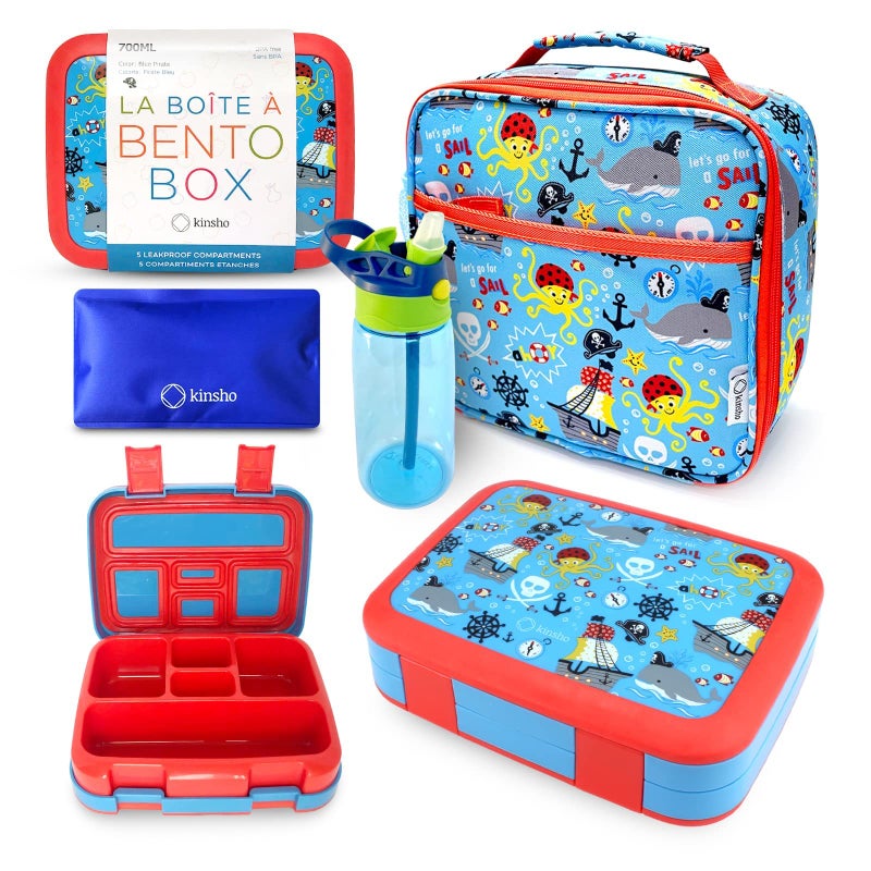 Bento Box with Insulated Lunch Bag Ice Pack  Water Bottle Set for Kids  5 Compartments Removable Tray Lunches or Snack Container Boys Toddlers Daycare PreSchool Blue Pirates