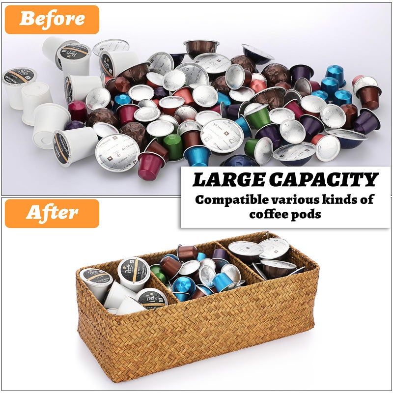 ELLDOO Woven Seagrass Wicker Rattan Storage Basket, Large Capacity Coffee Pod Holder Organizer for K Cup Nespresso Pods, 3-Section Seagrass Storage Box for Coffee bar Shelves Kitchen Cabinets,Brown - Image 3