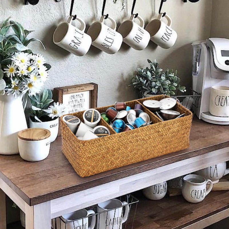 ELLDOO Woven Seagrass Wicker Rattan Storage Basket, Large Capacity Coffee Pod Holder Organizer for K Cup Nespresso Pods, 3-Section Seagrass Storage Box for Coffee bar Shelves Kitchen Cabinets,Brown - Image 4