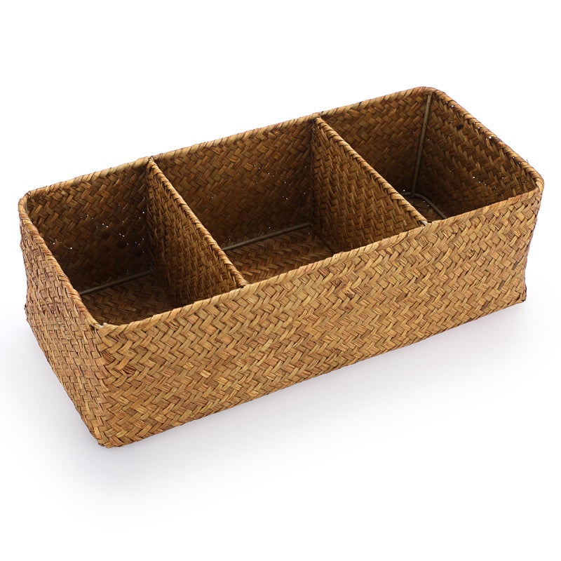 ELLDOO Woven Seagrass Wicker Rattan Storage Basket, Large Capacity Coffee Pod Holder Organizer for K Cup Nespresso Pods, 3-Section Seagrass Storage Box for Coffee bar Shelves Kitchen Cabinets,Brown - Image 1