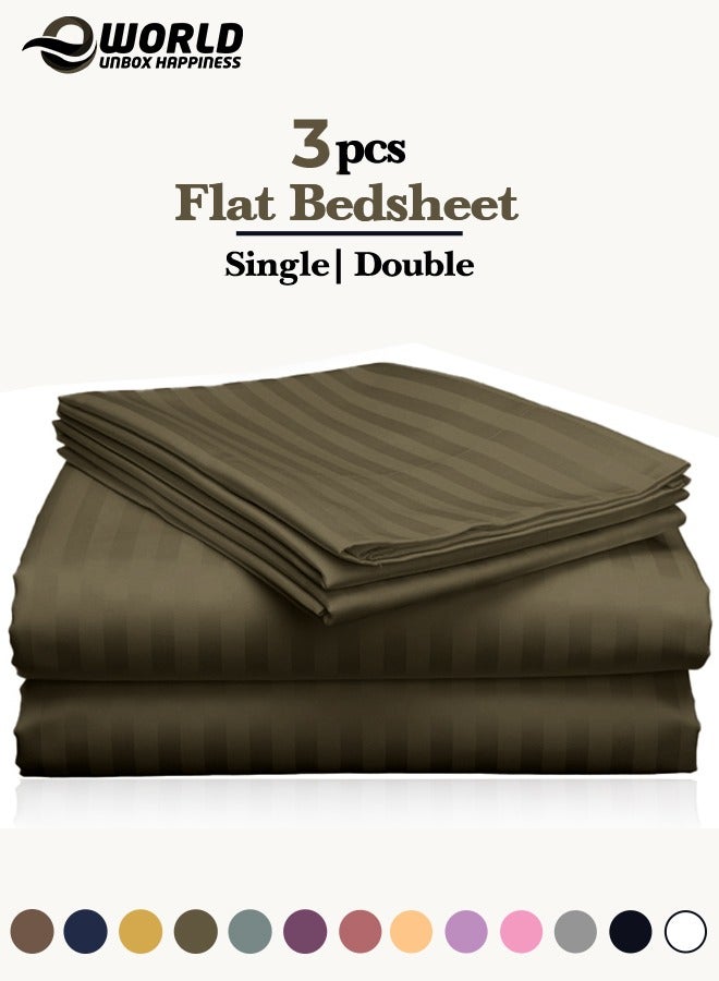 Eworld 3 Piece Luxury Olive Green Striped Bed Sheet Set with 1 Flat Sheet and 2 Pillowcases for Hotel and Home Crafted from Ultra Soft and Breathable For All Seasons Microfiber for Year-Round Comfort (Single/Double) - Image 1