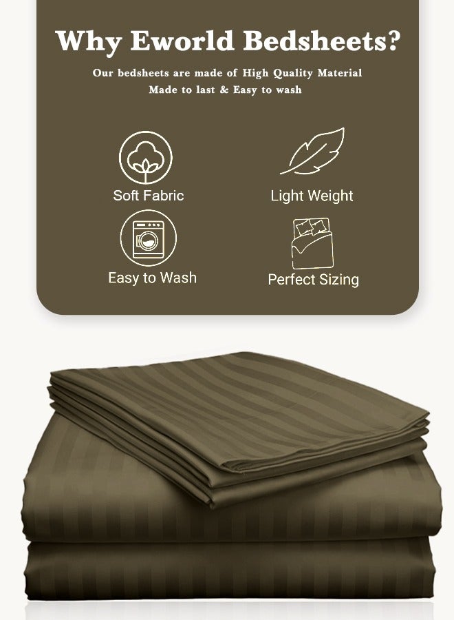 Eworld 3 Piece Luxury Olive Green Striped Bed Sheet Set with 1 Flat Sheet and 2 Pillowcases for Hotel and Home Crafted from Ultra Soft and Breathable For All Seasons Microfiber for Year-Round Comfort (Single/Double) - Image 3