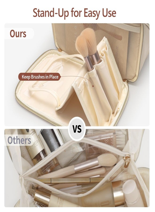 PACKISM PU Leather Makeup Bags for Women - Extra Large Makeup Bag for Travel with Stand-up Makeup Brush Storage for Easy Access, Open Flat Make Up Bag Fit Travel Bathroom Cruise, Cream (XL) - Image 4