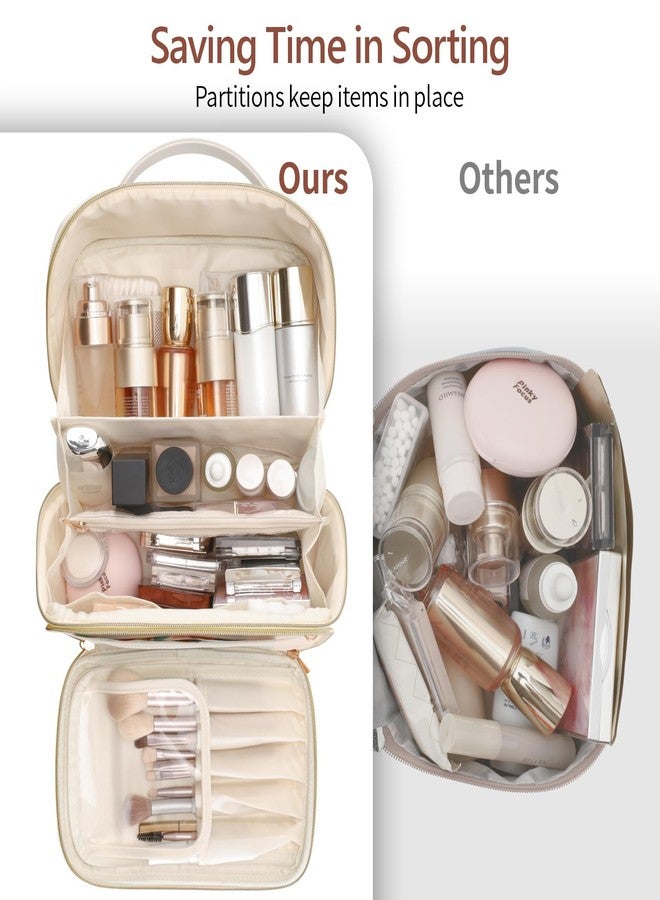 PACKISM PU Leather Makeup Bags for Women - Extra Large Makeup Bag for Travel with Stand-up Makeup Brush Storage for Easy Access, Open Flat Make Up Bag Fit Travel Bathroom Cruise, Cream (XL) - Image 5