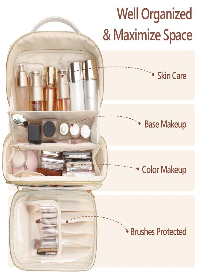 PACKISM PU Leather Makeup Bags for Women - Extra Large Makeup Bag for Travel with Stand-up Makeup Brush Storage for Easy Access, Open Flat Make Up Bag Fit Travel Bathroom Cruise, Cream (XL) - Image 2