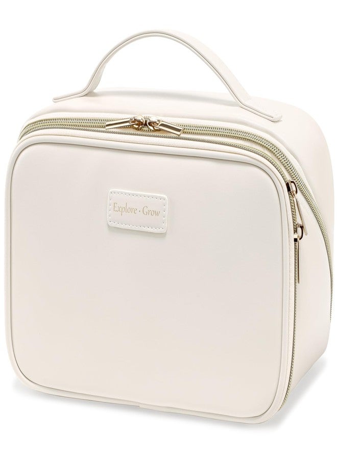 PACKISM PU Leather Makeup Bags for Women - Extra Large Makeup Bag for Travel with Stand-up Makeup Brush Storage for Easy Access, Open Flat Make Up Bag Fit Travel Bathroom Cruise, Cream (XL) - Image 1